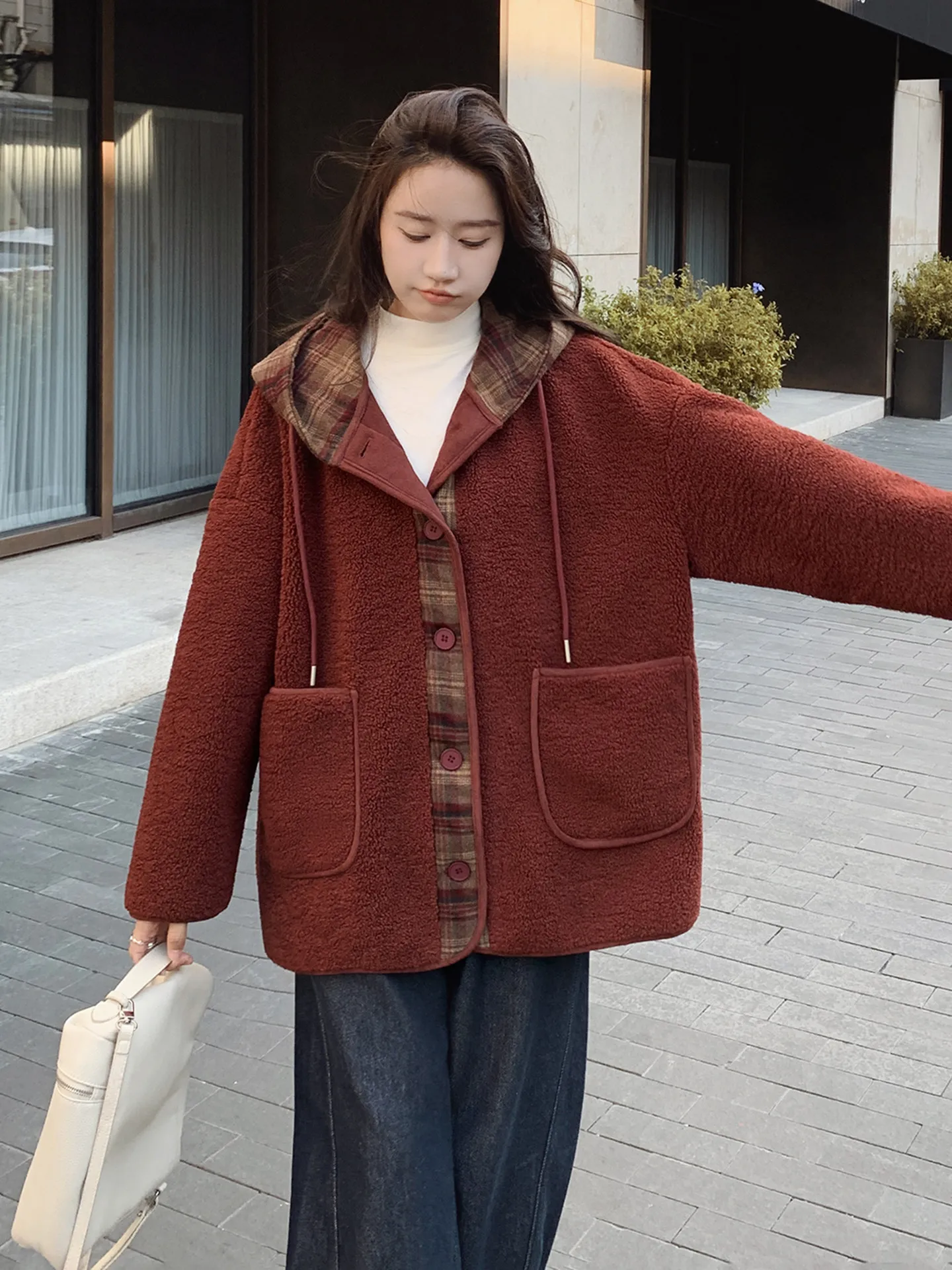 Ladies Thickened Plaid Splicing Casual Lamb Fur Jacket Spring Autumn New Style Vintage Lazy Style Hooded Long Sleeve Coat
