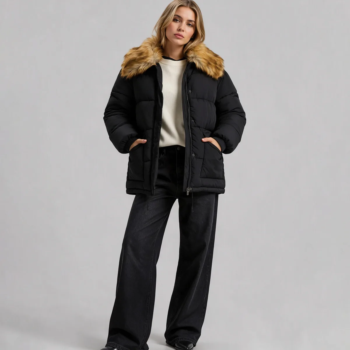 Women Black Puffer Jacket with Brown Faux Fur Collar, Zip Snap Closure Flap Pockets Drawstring Hem, Winter Warm Casual Outerwear - Image 2