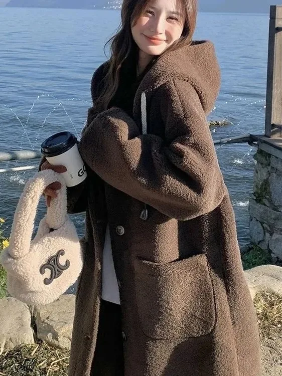 Autumn Winter plus Size Women's Coat Lamb Fur Leather Integrated Loose Slimming Hooded Jacket Casual Style Mid-Length Coat