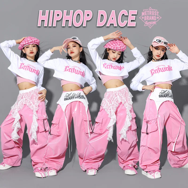 Jazz Dance Clothes For Girls Kpop Outfit Hip Hop Performance Wear Pink Shuffle Pants Kid Street Dance Show Fashion Suit - Image 4