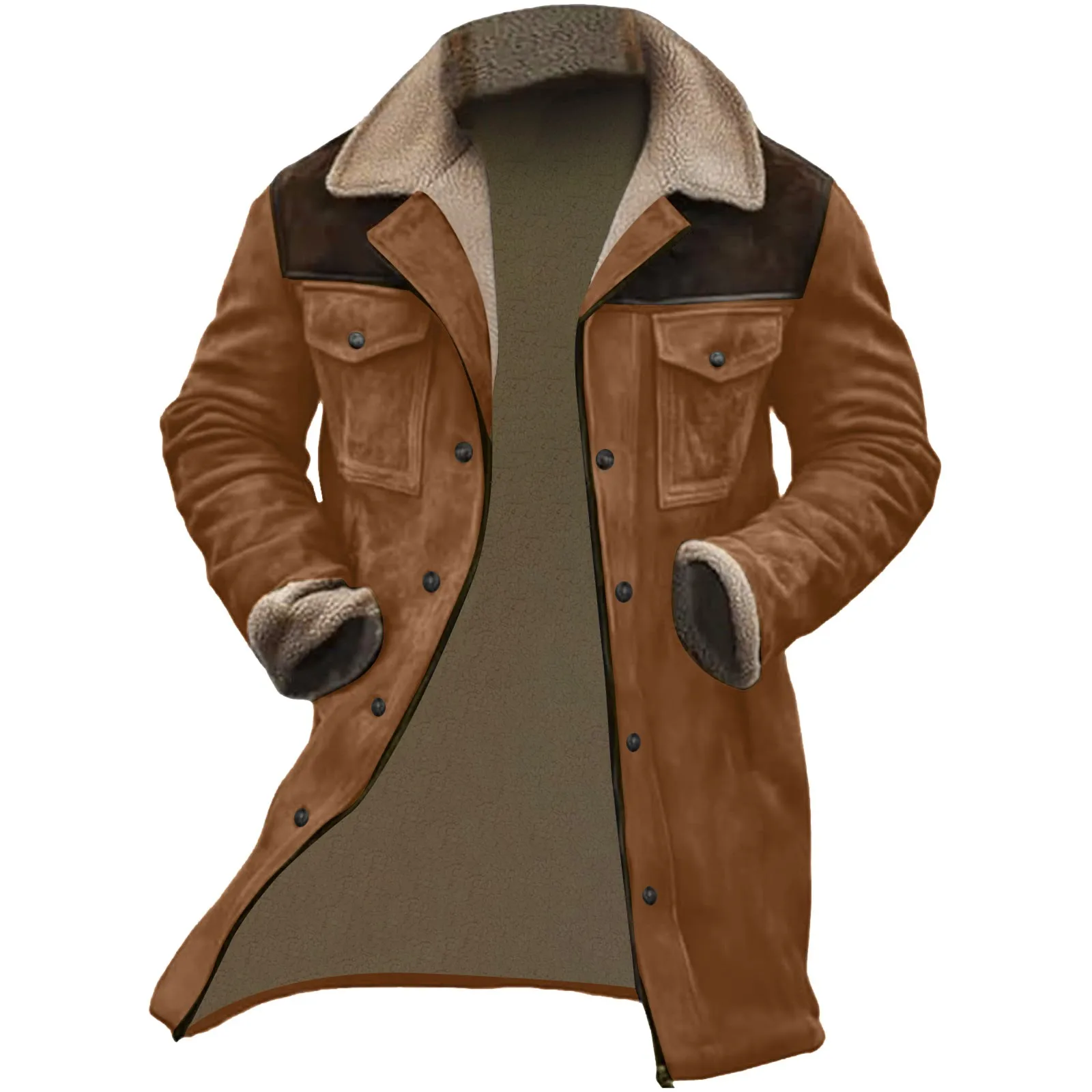 Men'S Winter Jacket 2024 Medium Long Leisure Suede Color Blocked Cotton Jacket With Multiple Pockets And Zippered Retro Coats - Image 5
