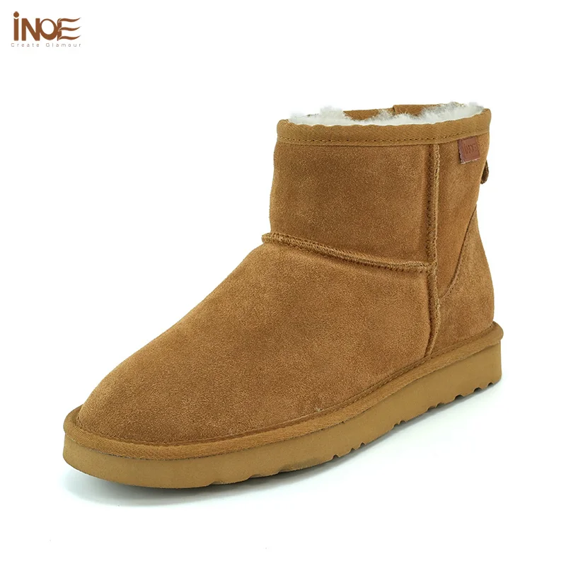 INOE Classic Women Ultra Mini Snow Boots Cow Suede Leather Shearling Sheep Fur Wool Lining Cozy Ankle Casual Short Warm Shoe