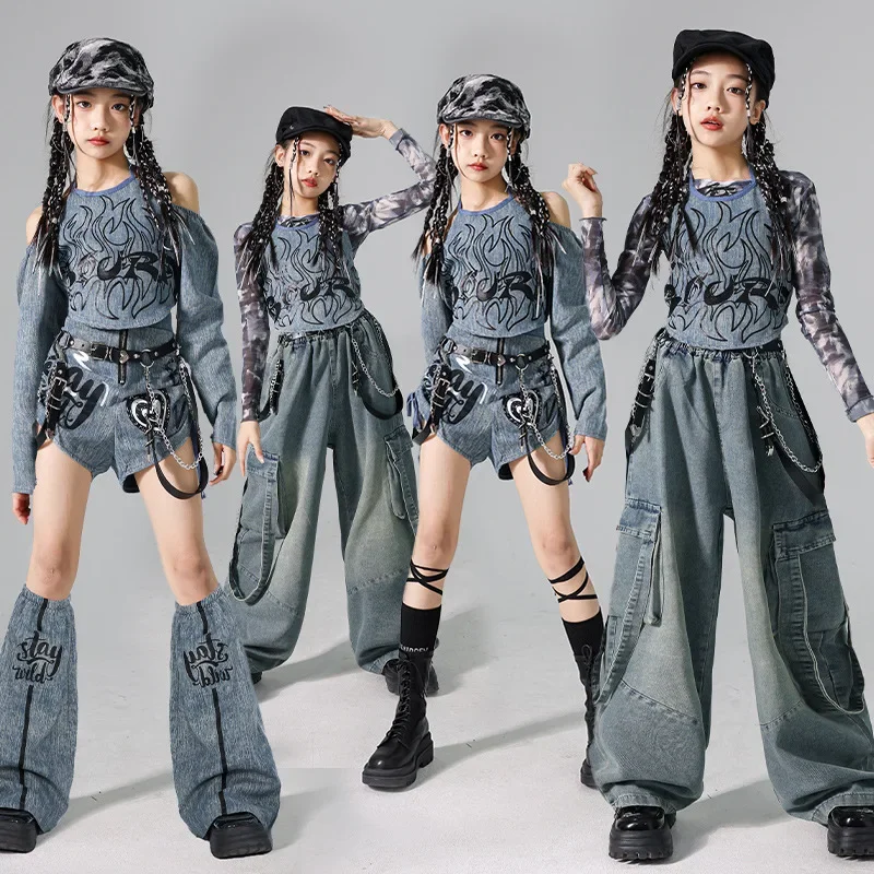 Girls K-pop Denim Crop Top Street Dance Cargo Jeans Pants Kids Hip Hop Jazz Shorts Clothes Set Children Streetwear Stage Costume - Image 2