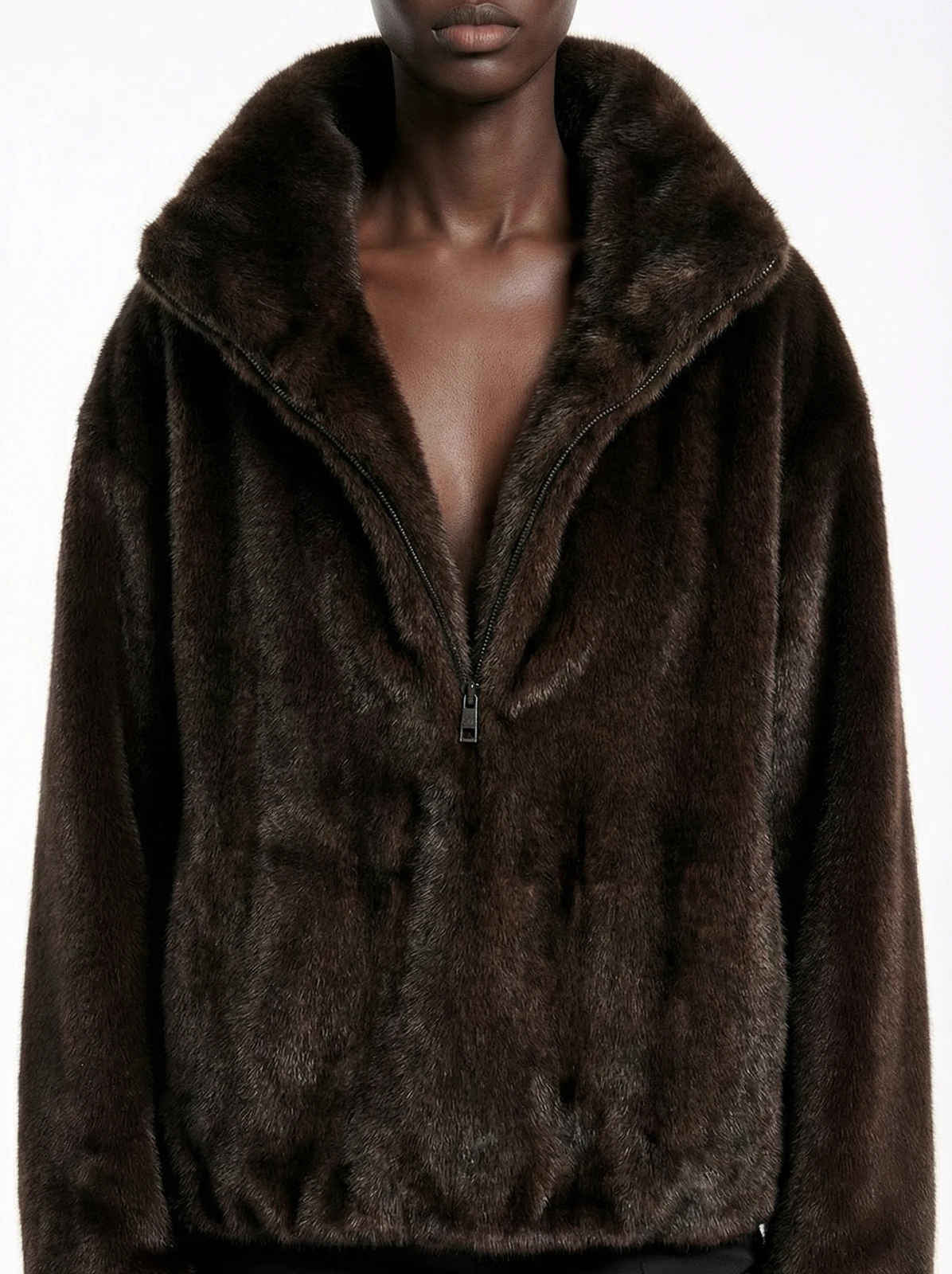IG Women Half Zip High Collar Mink-Like Faux Fur Jacket, Oversized Cropped Fluffy Coat, Winter Warm Casual Street Outerwear - Image 2