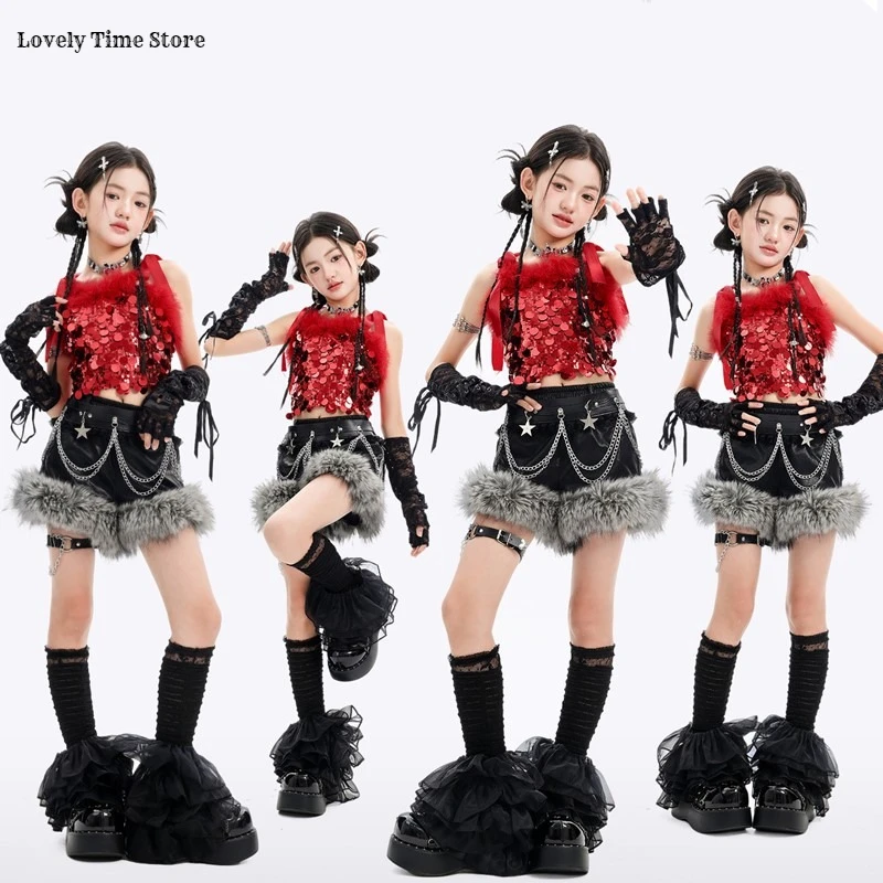 Girls Hip Hop Sequin Crop Tank Top Street Dance Shorts Kids K-pop Shiny Jazz Clothes Sets Children Girl Group Streetwear Costume - Image 2
