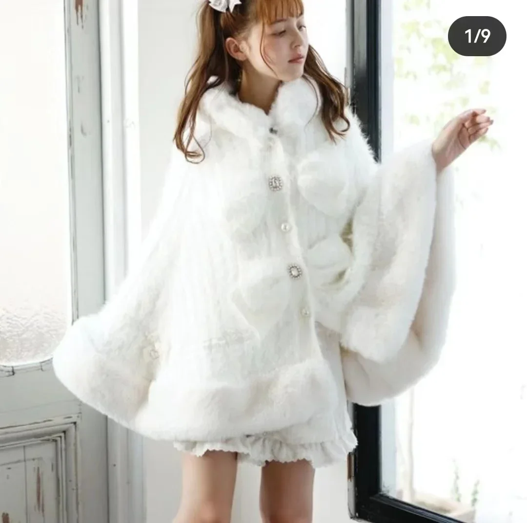 Japanese Liz Sweet Princess Faux Rabbit Fur Cape Coat Women Autumn Winter Fur Jacket Loose Clock Rhinestone Bow Hooded Coat - Image 3
