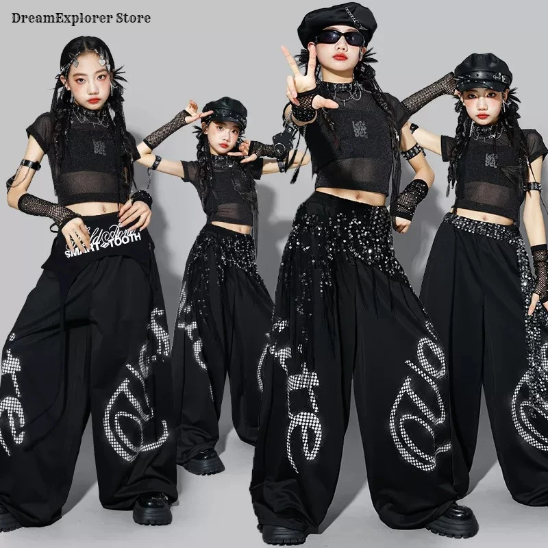 Girls Hip Hop Crop Top Letters Joggers Pants Children K-pop Streetwear Girl Group Clothes Sets Kids Street Dance Jazz Costumes