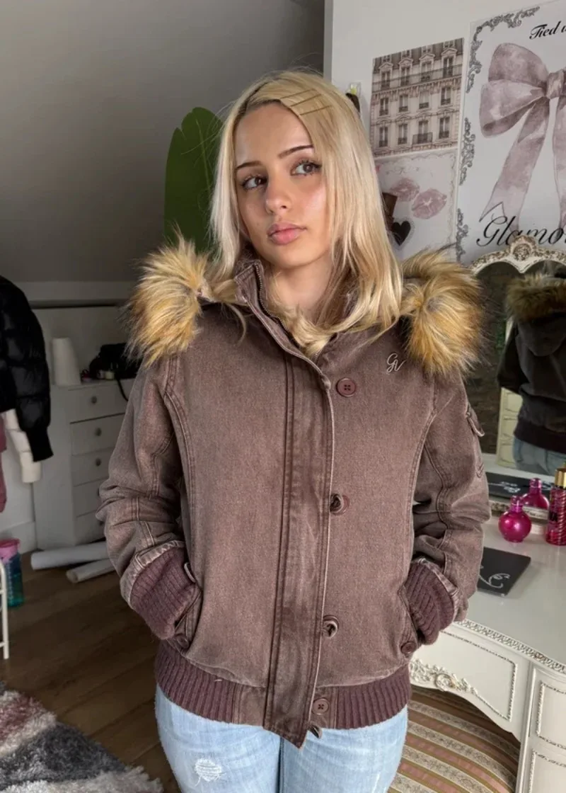 Women's Vintage Washed Brown Hooded Jacket Faux Fur Trim Winter Coat Button Zip Up Casual Streetwear Warm Y2K Bomber Outerwear - Image 2