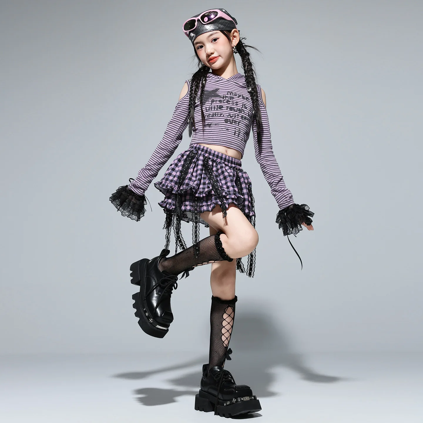Girls Hip Hop Striped Top And Plaid Skirt Set Street Dance Fashion K-pop Streetwear Group Jazz Cheerleader Costumes Cool Outfit - Image 3
