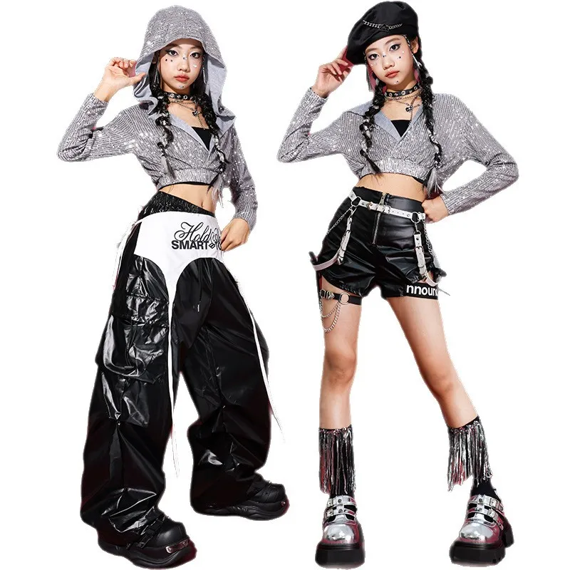 Girls K-pop Silver Black Sequin Hoodies Street Dance Shorts Loose Pants Kids Hip Hop Jazz Shiny Clothes Sets Children Streetwear - Image 5