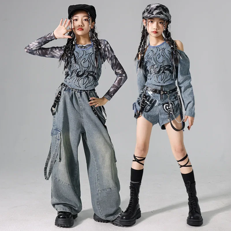 Girls K-pop Denim Crop Top Street Dance Cargo Jeans Pants Kids Hip Hop Jazz Shorts Clothes Set Children Streetwear Stage Costume - Image 5