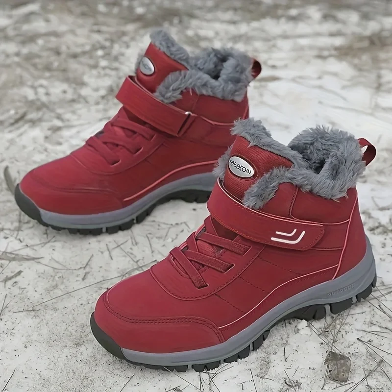Women Winter Plush Lined High Top Snow Boots Adjustable Hook Loop Ankle Booties Waterproof Wear-resistant Upper Non Slip Deep Lug Sole Warm Thermal Hiking Boots for Outdoor Snow Walking Daily Casual Wear Red Black Gray Multiple Colors Available