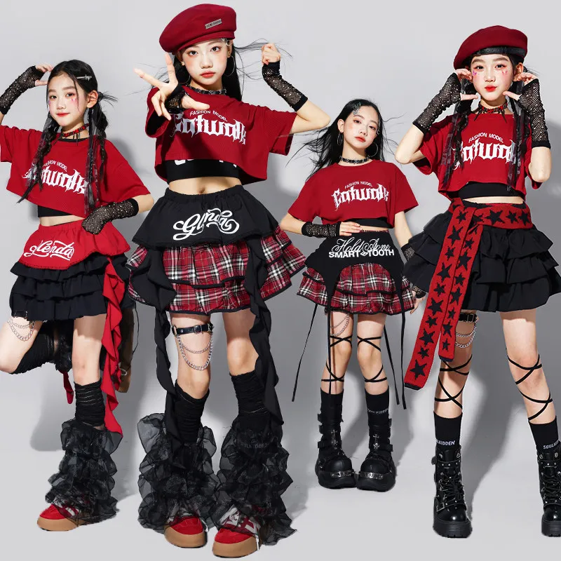 Girls K-pop Fashion Crop Top Bud Skirts Children Hip Hop Street Dance Costume Kids Streetwear Girl Group Jazz Summer Clothes Set