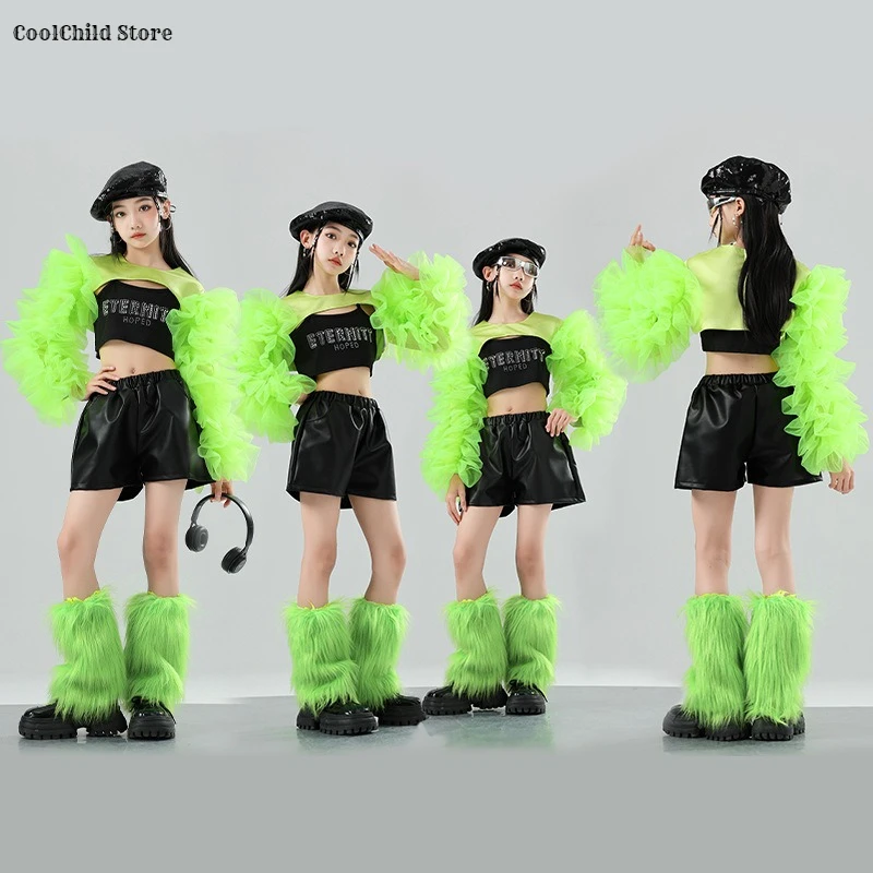 Girls Green Puff Sleeve Crop Top Street Dance Pu Shorts Kids Hip Hop Jazz Clothes Sets Child Streetwear K-pop Girl Group Costume