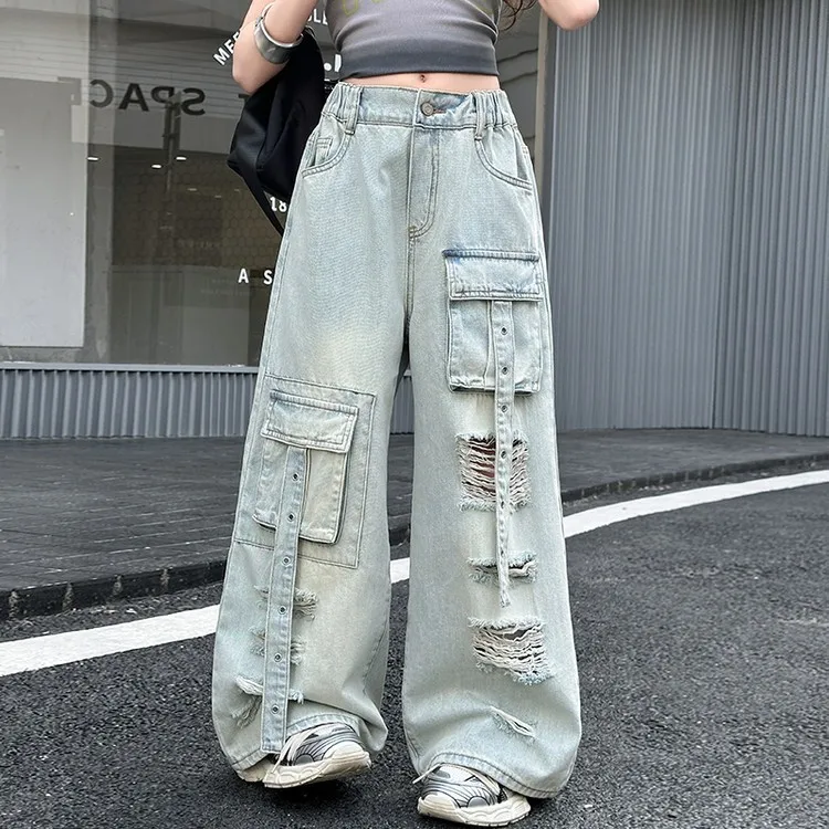 summer teen Girls Hip Hop Jazz Street Dance Clothes Multi pocket cargo pants Tie dye top junior kids jeans t-shirt child outfits - Image 4
