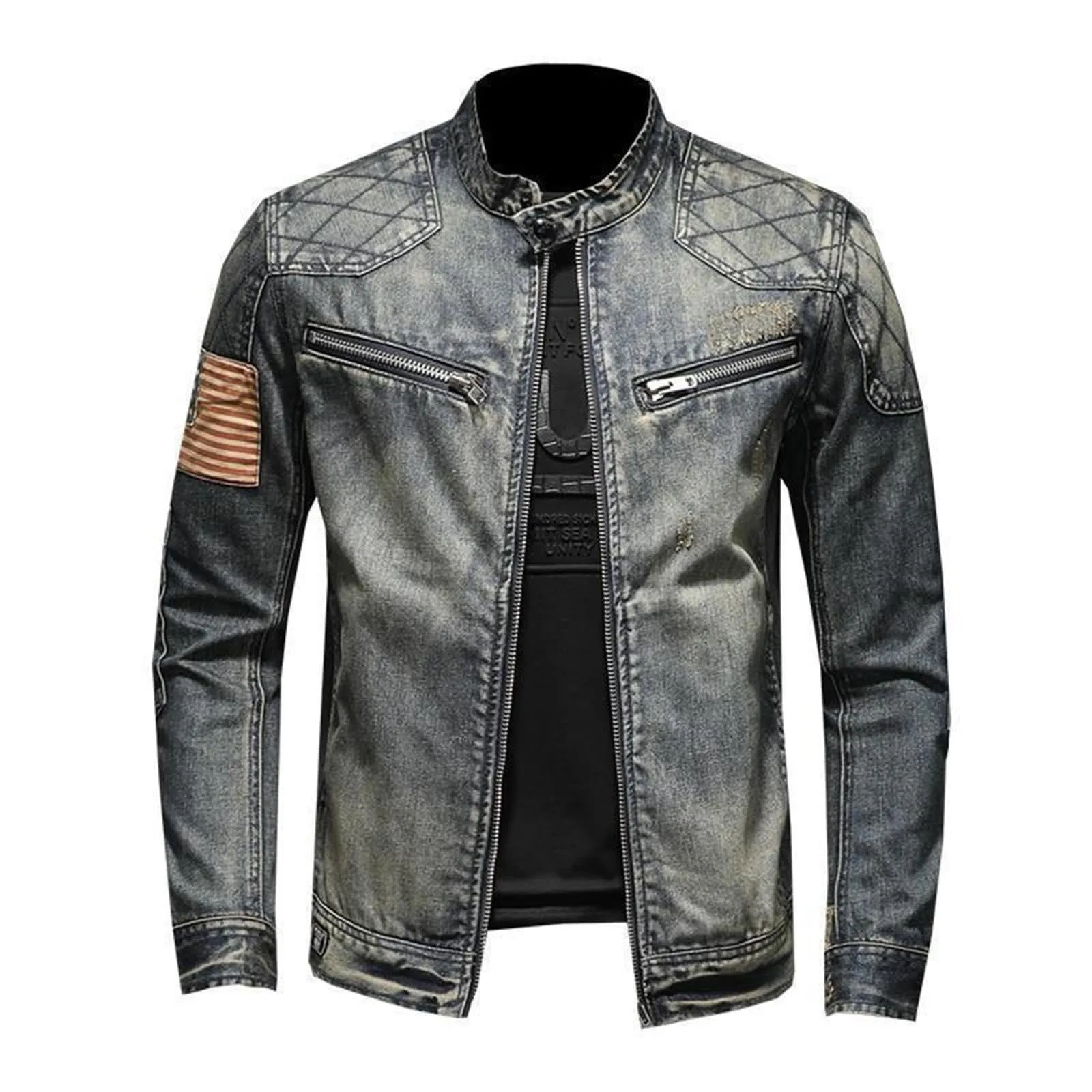 Vintage Denim Jacket With Zip Stand Up Cotton Slim Fit Denim Coat Jeans Long Sleeve Loose Pocket Zipper Top Winter Jacket Men - Image 5
