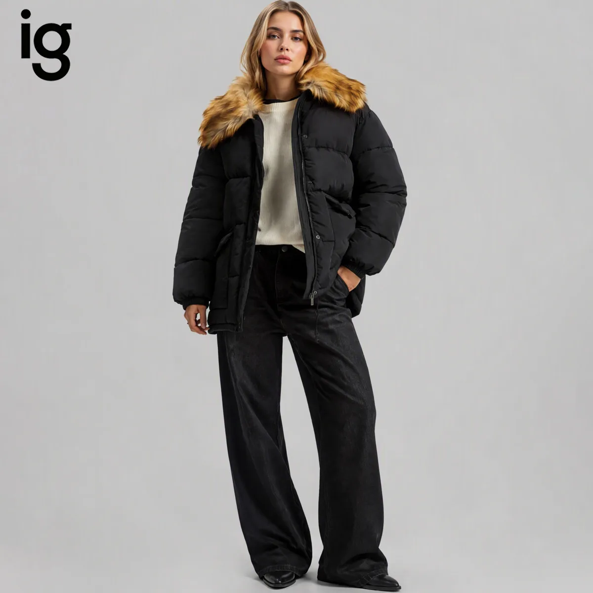 Women Black Puffer Jacket with Brown Faux Fur Collar, Zip Snap Closure Flap Pockets Drawstring Hem, Winter Warm Casual Outerwear