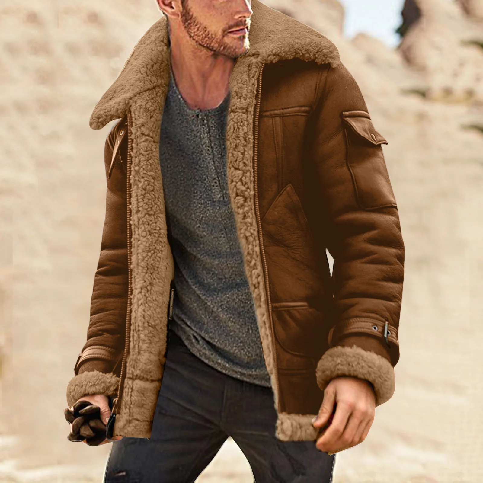 Men Plus Size Winter Scrub Leather Jackets Long Sleeve Fleece Lined Leather Jacket Vintage Thicken Padded Windbreaker Outwears