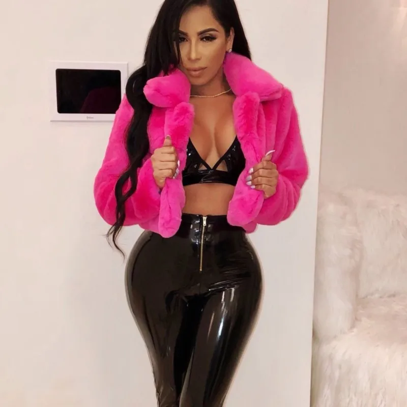 Women's Fashion Faux Fur Open Stitch Lapel Crop Jackets Women Short Coats Autumn Winter Long Sleeve Solid Warm Coat Outer Wear