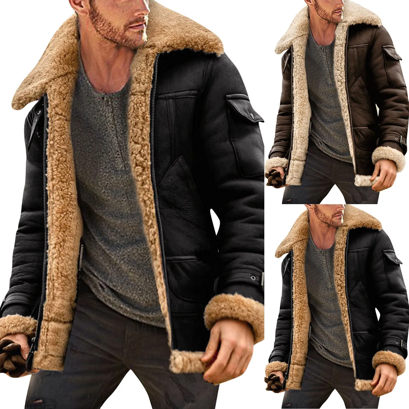 Men Plus Size Winter Scrub Leather Jackets Long Sleeve Fleece Lined Leather Jacket Vintage Thicken Padded Windbreaker Outwears - Image 2