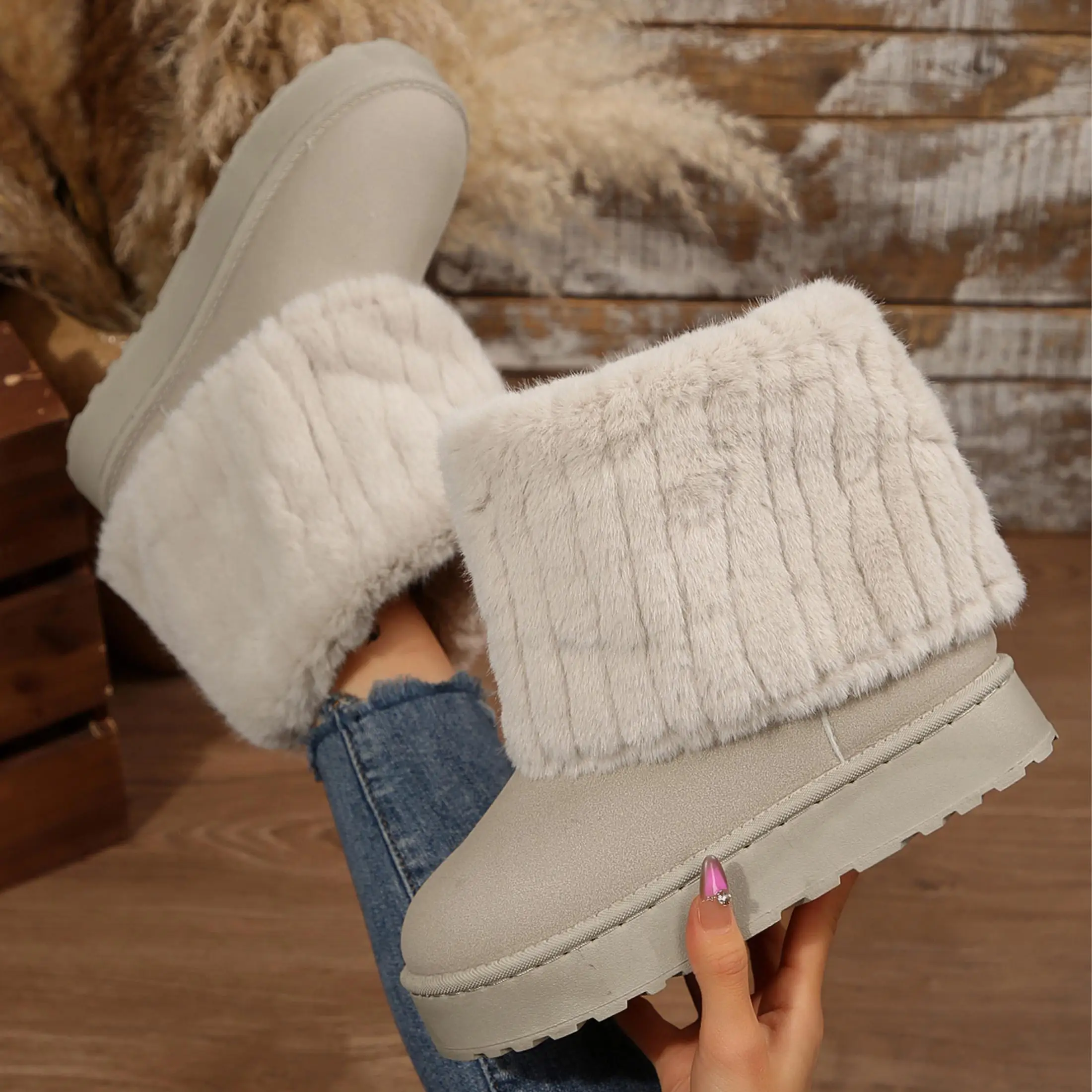 Women's Platform Mini Snow Boots Short Fluffy Plush Lined Snow Round Toe Outdoor Anti-slip Shoes