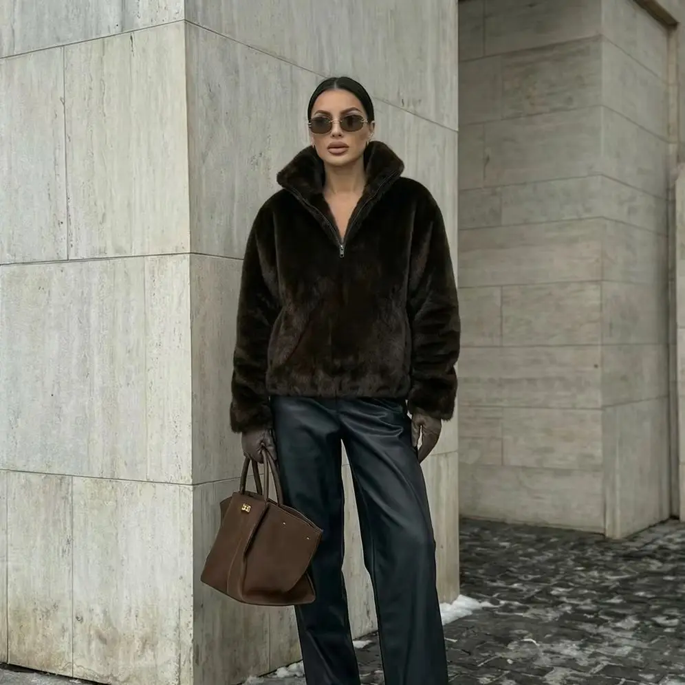 IG Women Half Zip High Collar Mink-Like Faux Fur Jacket, Oversized Cropped Fluffy Coat, Winter Warm Casual Street Outerwear