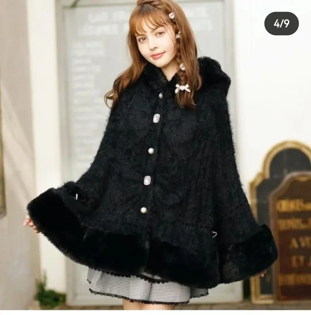 Japanese Liz Sweet Princess Faux Rabbit Fur Cape Coat Women Autumn Winter Fur Jacket Loose Clock Rhinestone Bow Hooded Coat - Image 2