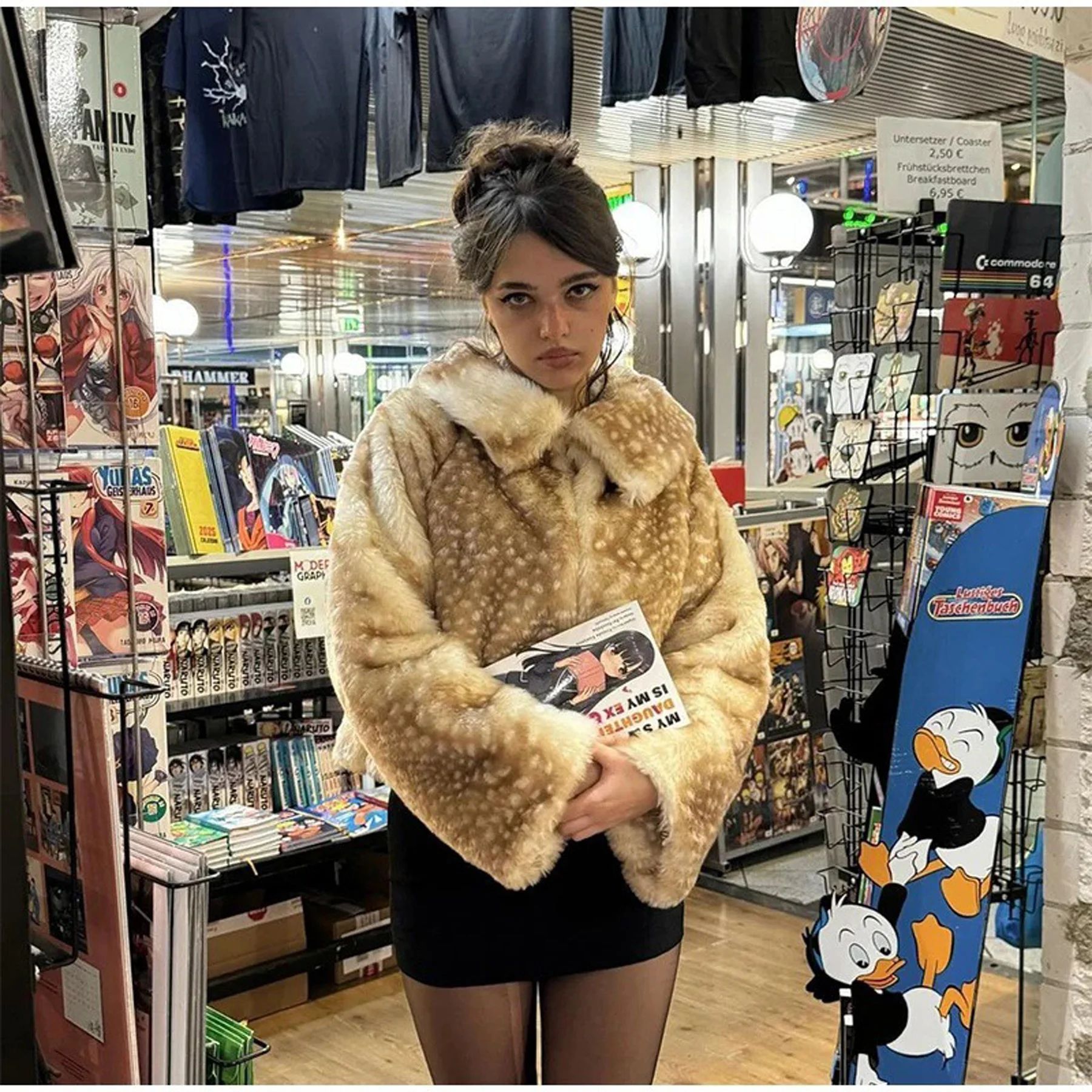 Y2K Sweet Cool Thicken Deer Spot Faux Fur Jacket Oversize Loose Casual Zipper Coat Women High Street Warm Winter Streetwear