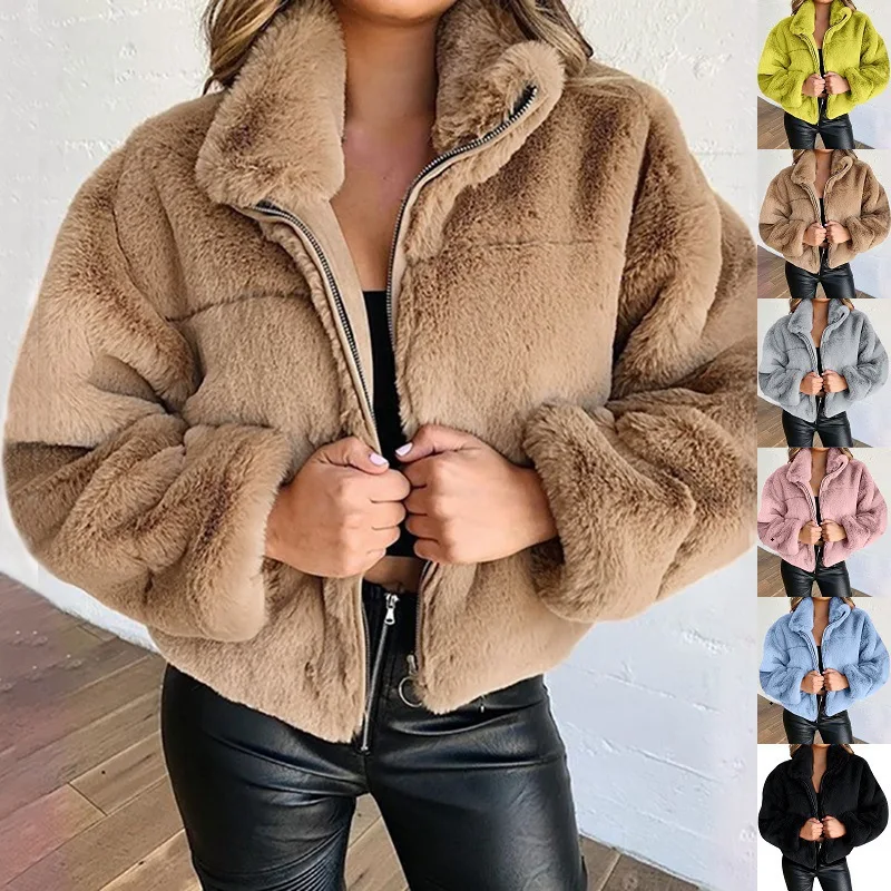 2025 Winter Women's Warm Jacket Zipper Cardigan Faux Fur Fashion Long Sleeve Stand Collar Plush Coat for Female