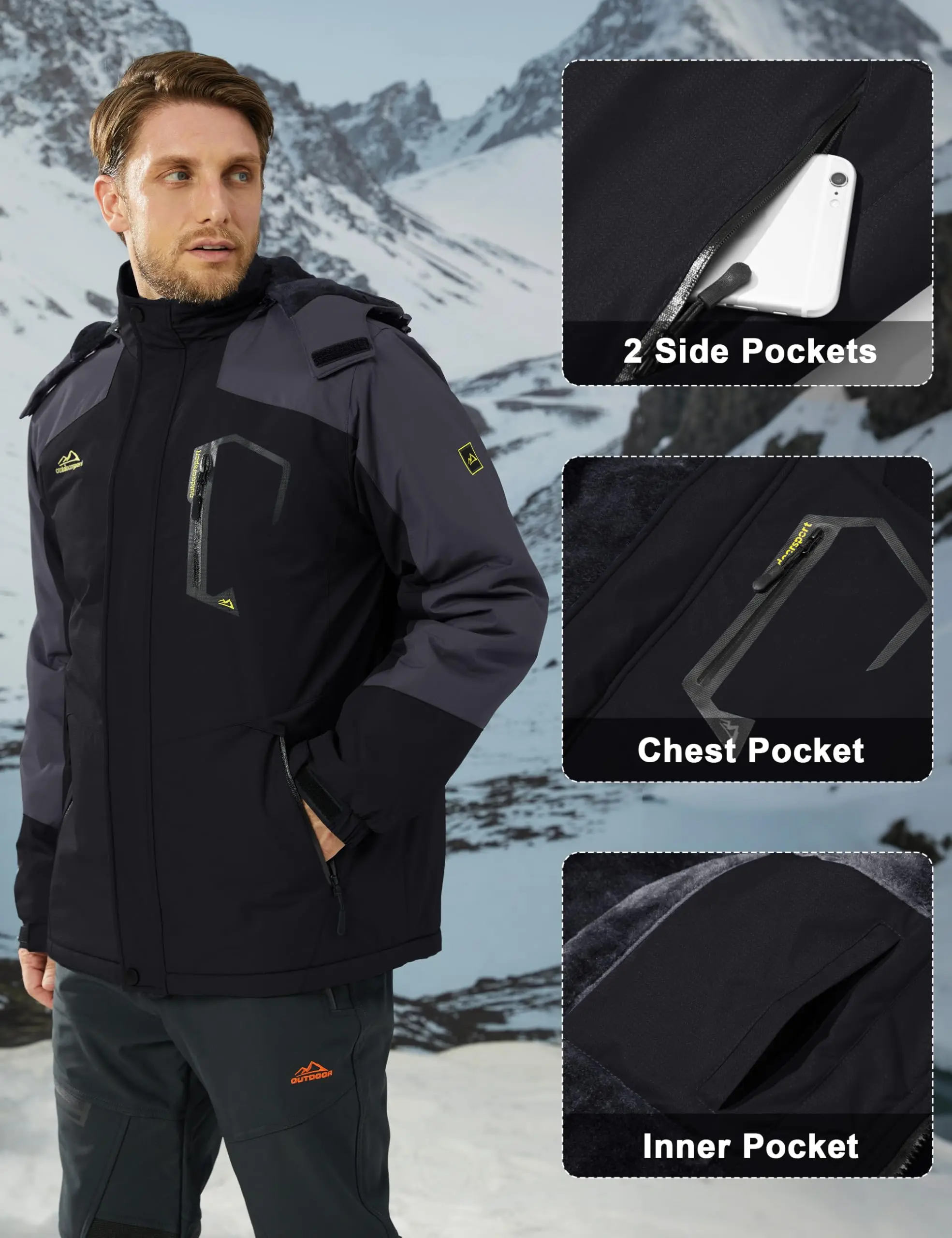 Men's Water-Resistant Ski Jacket Winter Fleece Lined Snow Coat Warm Windproof Outdoor Jacket - Image 2