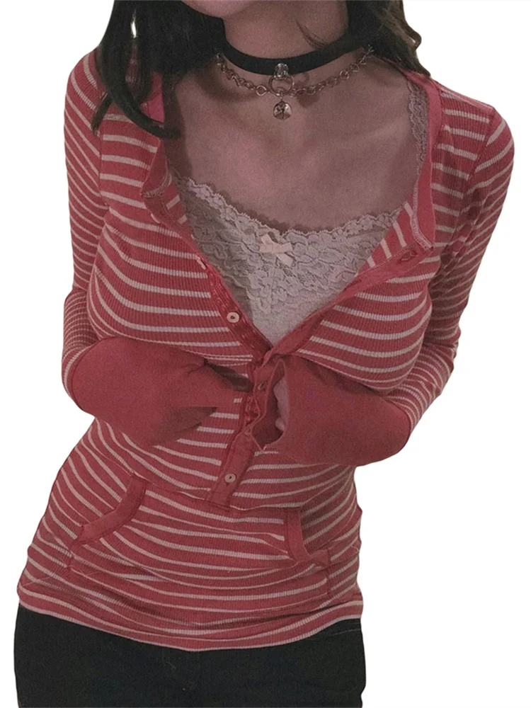 Women Autumn Tops Long Sleeve Button Neck Stripe Knit Shirts Y2K Aesthetic T-shirt 2000s Casual Gothic Grunge Tops - Image 4