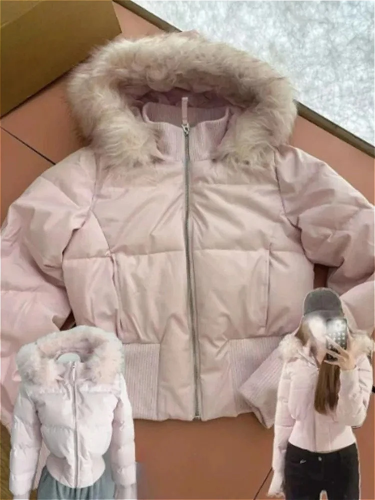 Women Winter Faux Fur Collar Hooded Parka Puffer Jacket Japanese Street Style Long Sleeve Zip Up Y2K Short Coats Daily Wear - Image 2