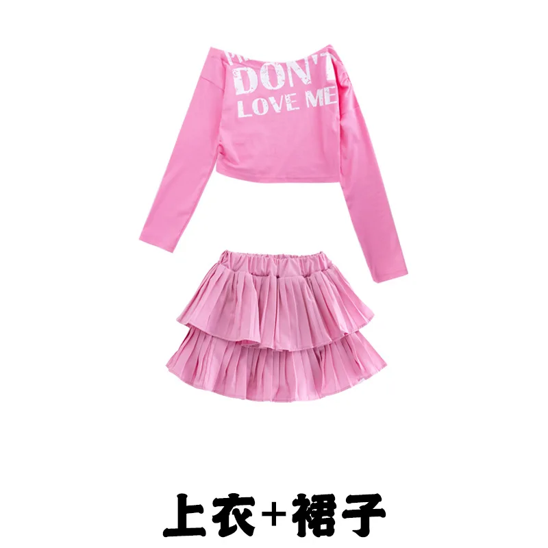Girls Hip Hop Off Shoulder Crop Top Street Dance Skirts Cargo Pants Children Streetwear Jeans Kids K-pop Girl Group Clothes Set - Image 6