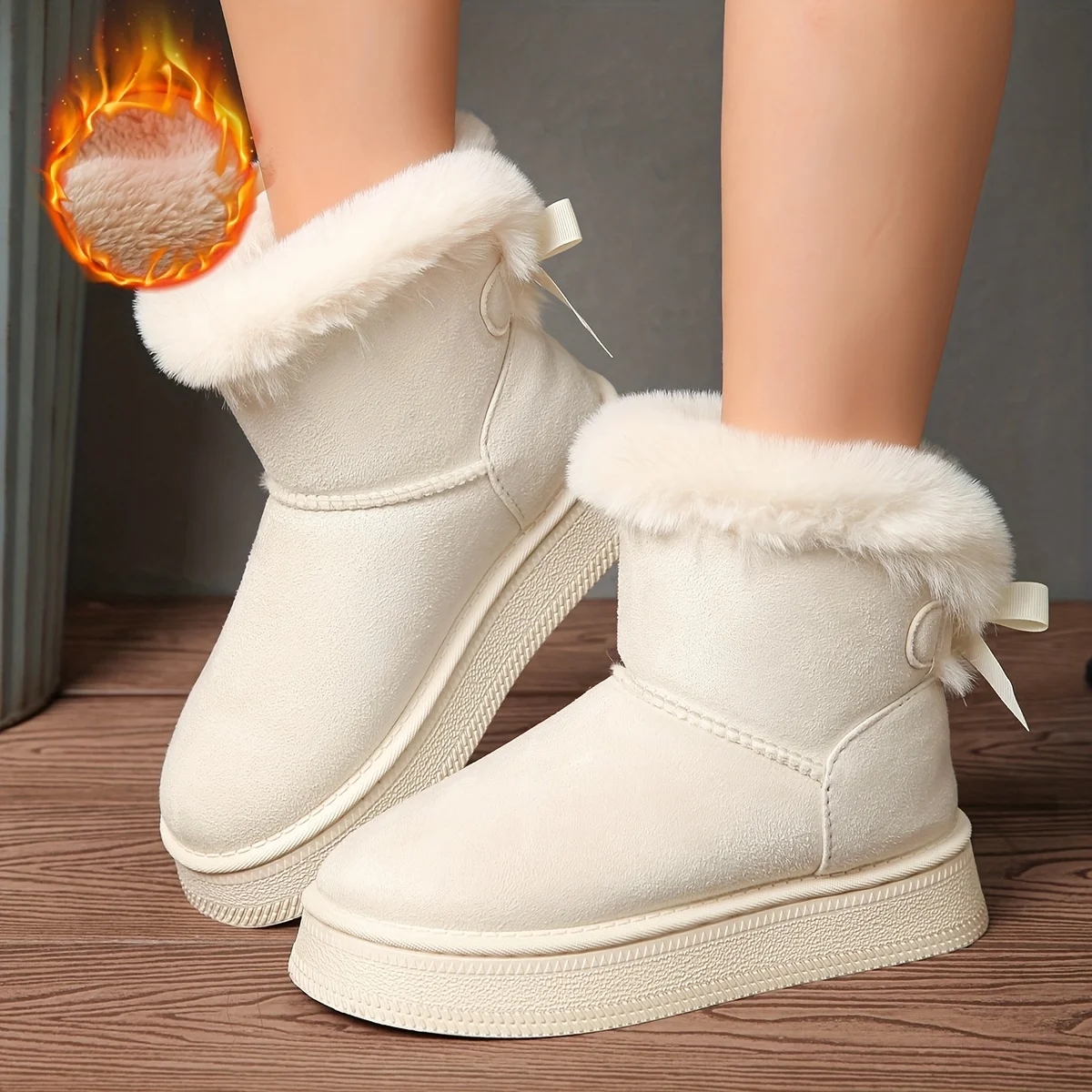 Women Winter Furry Trim Snow Boots Bow Decor Platform Thick Sole Ankle Booties Suede Warm Lined Slip On Non Slip Casual Short Boots for Daily Outdoor Cold Weather Available in White Camel Black Multi Colors Fashion Ladies Warm Winter Footwear