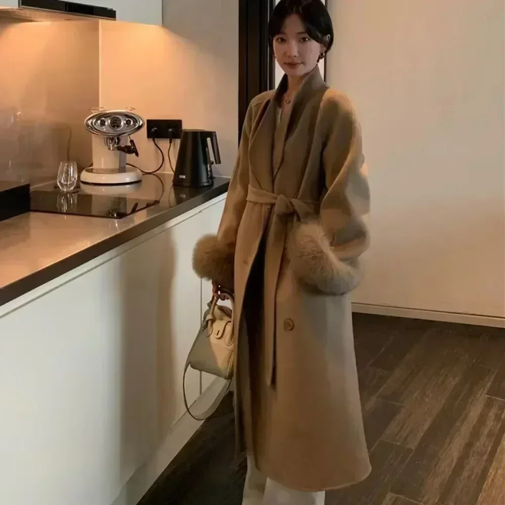 Women Double Face Wool Maxi Coat Luxury Real Fox Fur Coat Clean Line Minimalist Long Autumn Winter Premium Outerwear Fashion