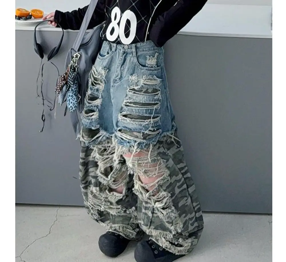 Summer Camouflage Spliced Jeans for Teen Girls 4-14 Junior Wide-leg Pants Hip Hop Jazz Street Dance Kids Trousers with Big Holes
