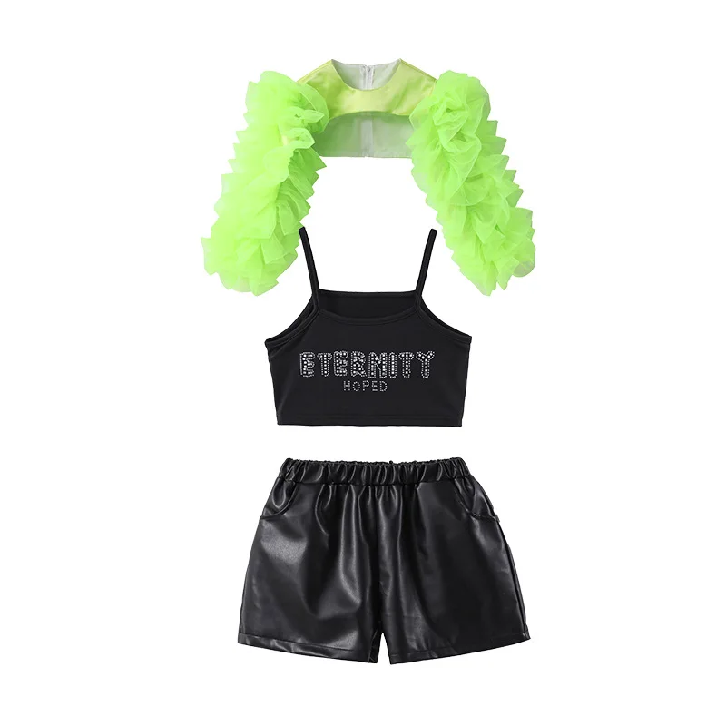 Girls Green Puff Sleeve Crop Top Street Dance Pu Shorts Kids Hip Hop Jazz Clothes Sets Child Streetwear K-pop Girl Group Costume - Image 5