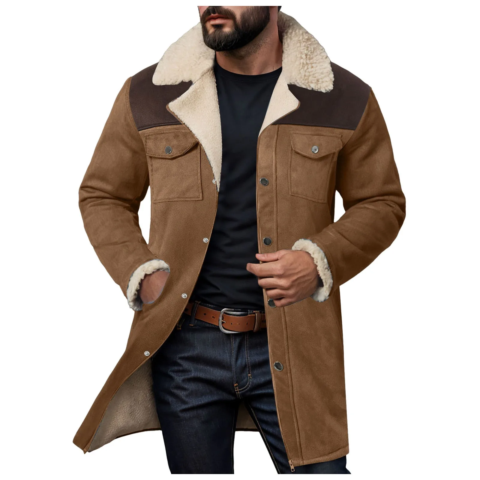 2024 Fashion Men Jacket Suede Color Blocked Multi Pocket Zipper Coat Plush Lapel Long Sleeve Vintage Suede Medium Long Jacket