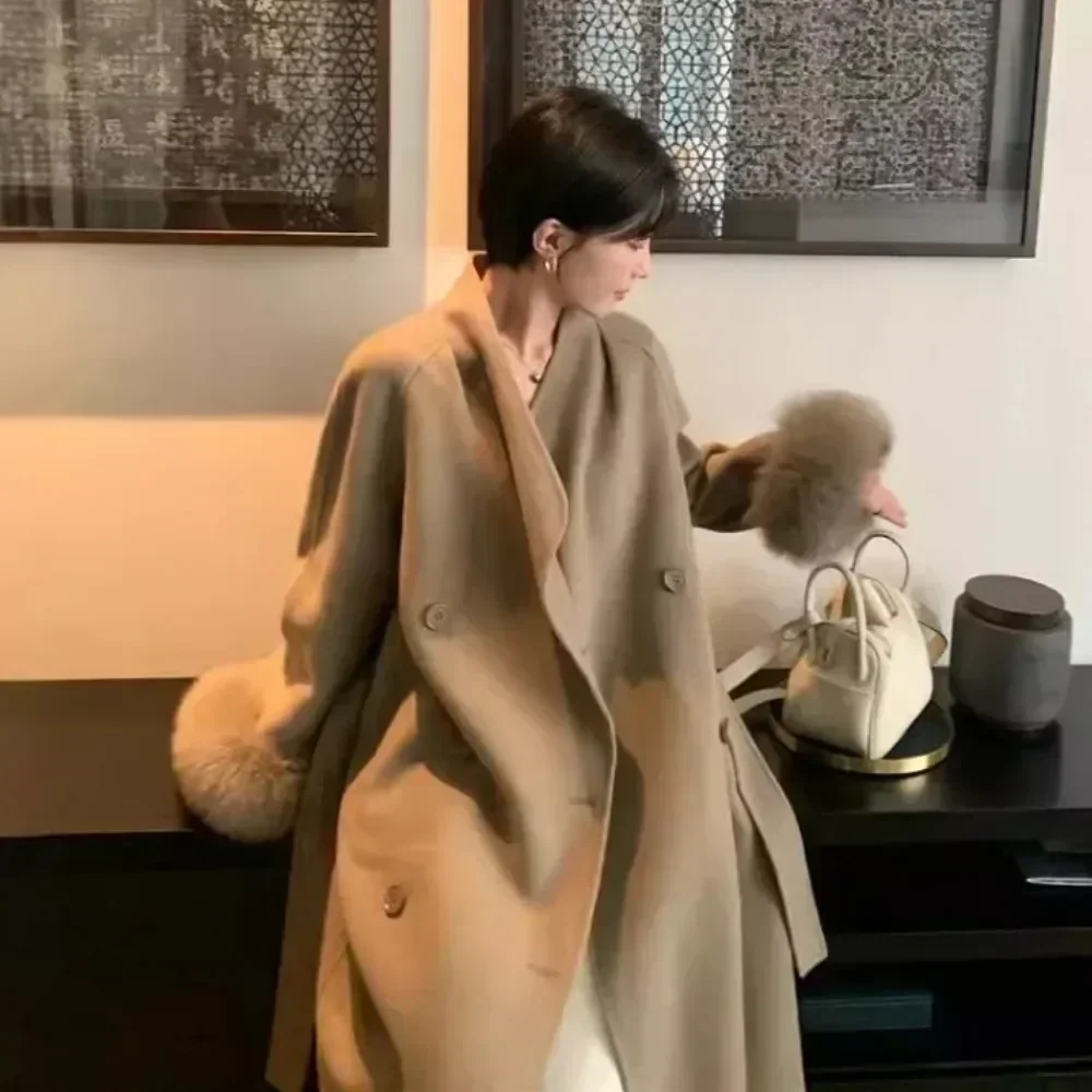 Women Double Face Wool Maxi Coat Luxury Real Fox Fur Coat Clean Line Minimalist Long Autumn Winter Premium Outerwear Fashion - Image 4