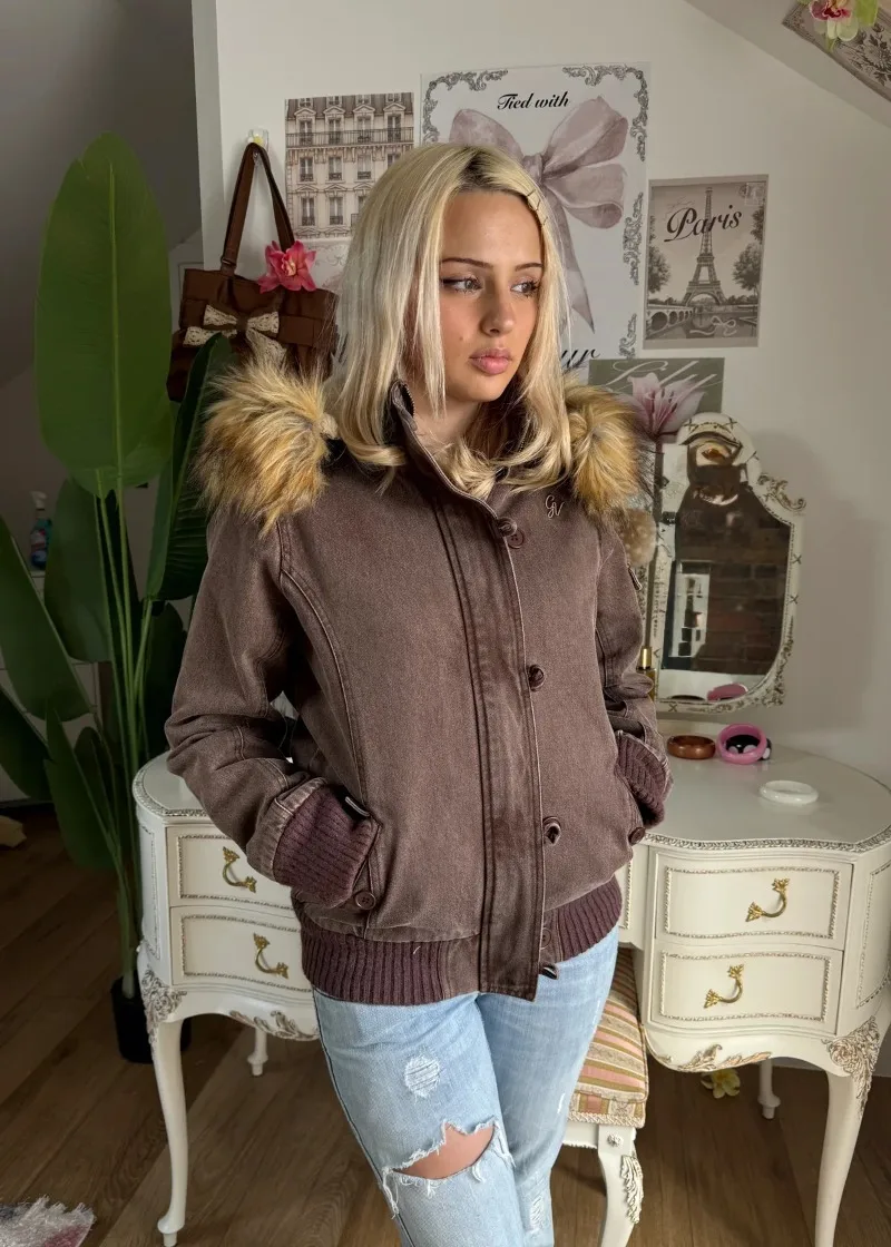 Women's Vintage Washed Brown Hooded Jacket Faux Fur Trim Winter Coat Button Zip Up Casual Streetwear Warm Y2K Bomber Outerwear - Image 3