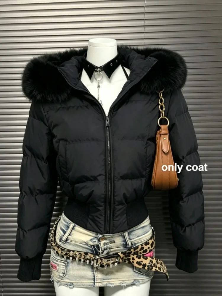 Y2K Aesthetic Women Faux Fur Hooded Puffer Jacket Short Cropped Zip‑Up Parka Japanese Streetwear Long Sleeve Winter Outerwear