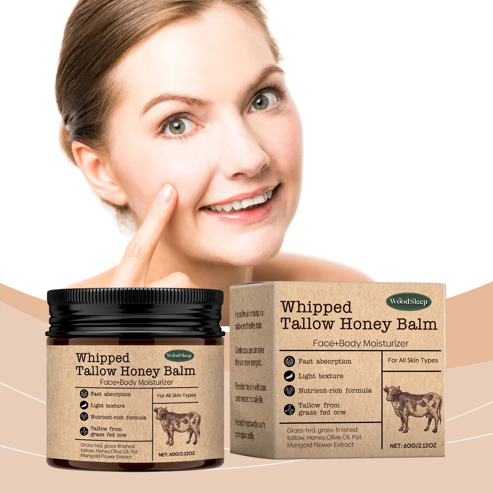 WoodSleep Beef Tallow Paste Deeply Moisturizer Brightening Wrinkle Remover Grass Fed Tallow Wild Honey Face Body Cream Skin Car