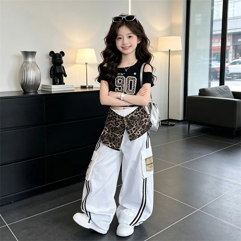 Girls New Suit Children Off-Shoulder Top + Leopard Print Decoration Pants Set Summer 2PCS Kids Streetwear Casual Hip Hop Outfits - Image 6