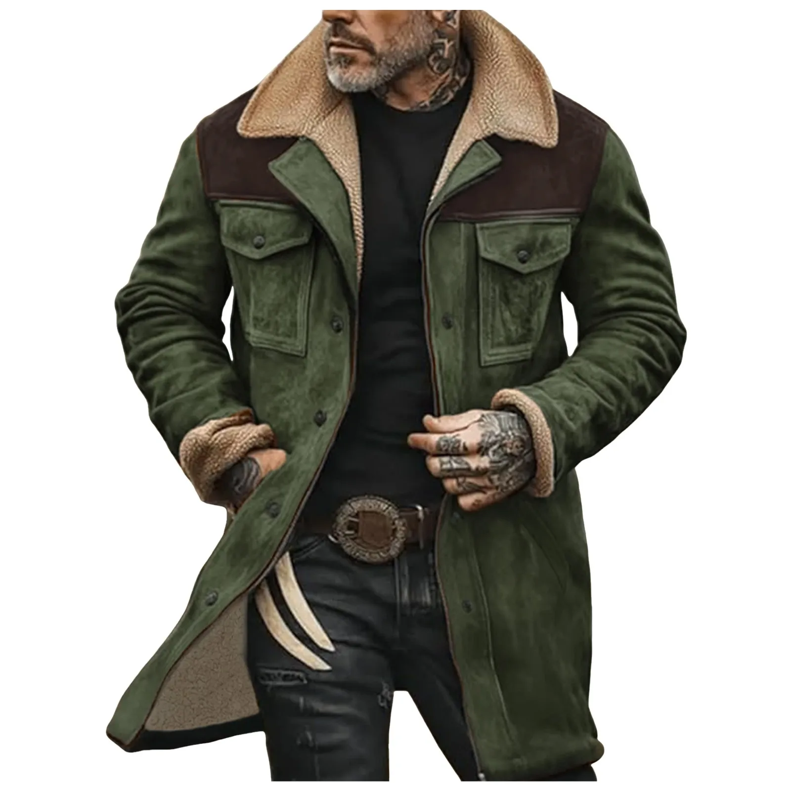 Men'S Winter Jacket 2024 Medium Long Leisure Suede Color Blocked Cotton Jacket With Multiple Pockets And Zippered Retro Coats - Image 4
