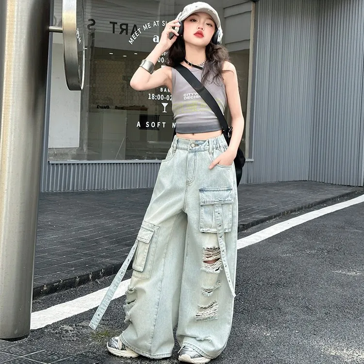 summer teen Girls Hip Hop Jazz Street Dance Clothes Multi pocket cargo pants Tie dye top junior kids jeans t-shirt child outfits - Image 3