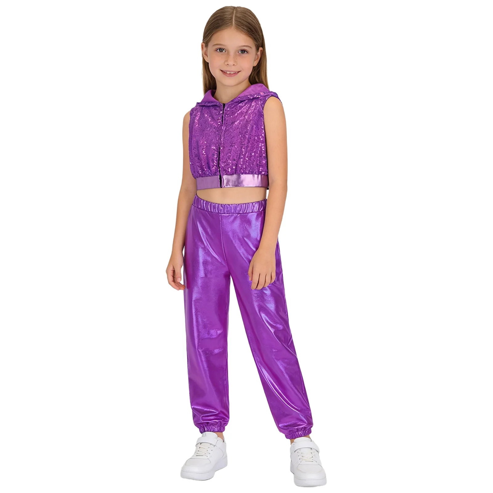 Kids Girls Hip-Hop Jazz Dance Modern Street Costume Outfits Sleeveless Sparkly Sequins Hooded Crop Top with Metallic Pants - Image 2