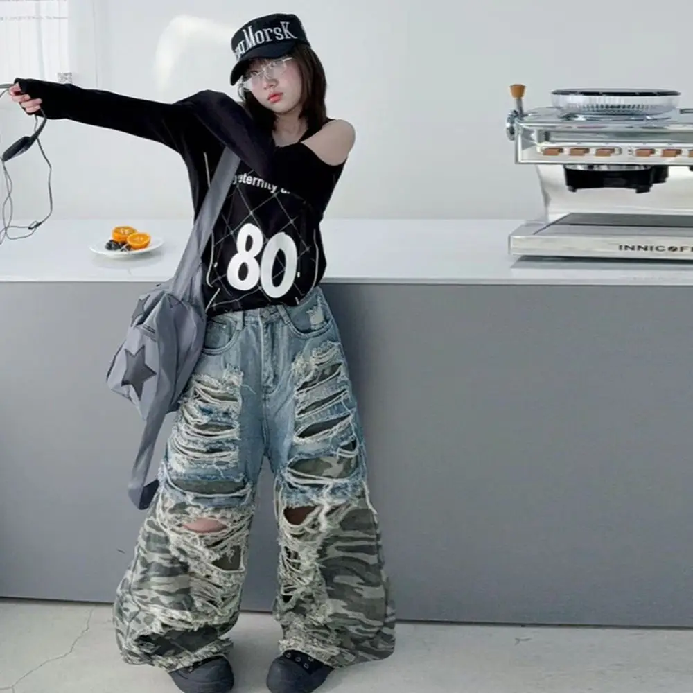 Summer Camouflage Spliced Jeans for Teen Girls 4-14 Junior Wide-leg Pants Hip Hop Jazz Street Dance Kids Trousers with Big Holes - Image 2
