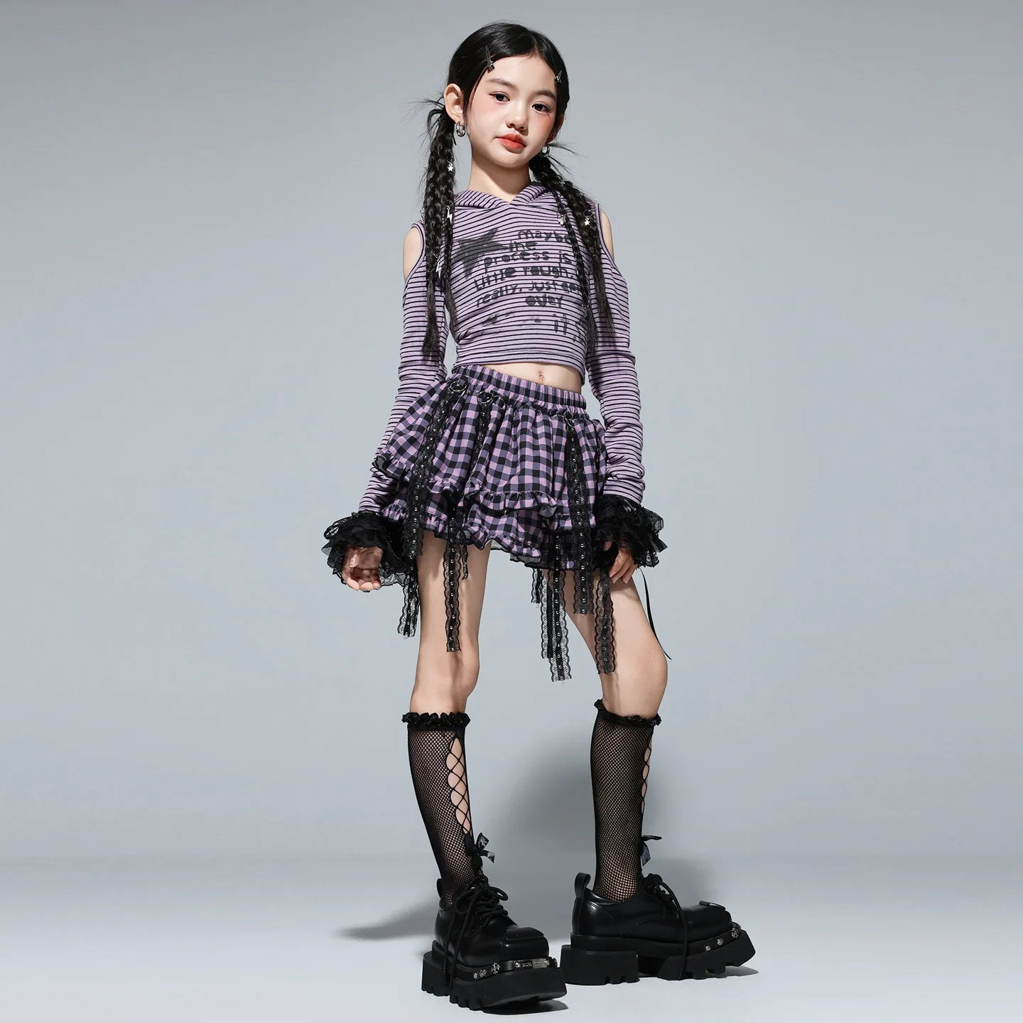 Girls Hip Hop Striped Top And Plaid Skirt Set Street Dance Fashion K-pop Streetwear Group Jazz Cheerleader Costumes Cool Outfit - Image 4