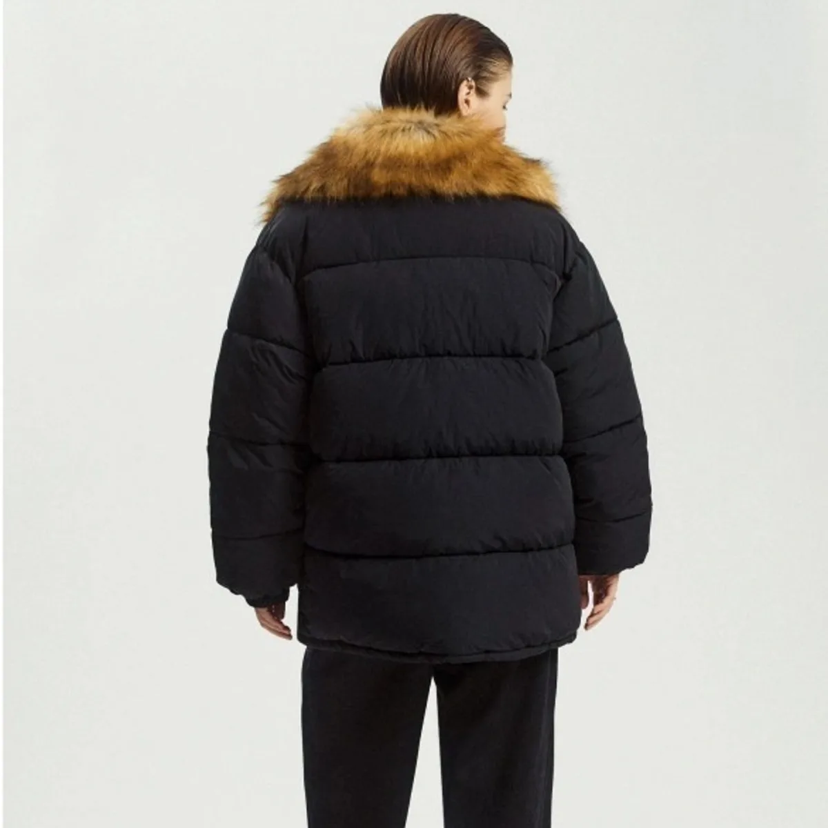 Women Black Puffer Jacket with Brown Faux Fur Collar, Zip Snap Closure Flap Pockets Drawstring Hem, Winter Warm Casual Outerwear - Image 6