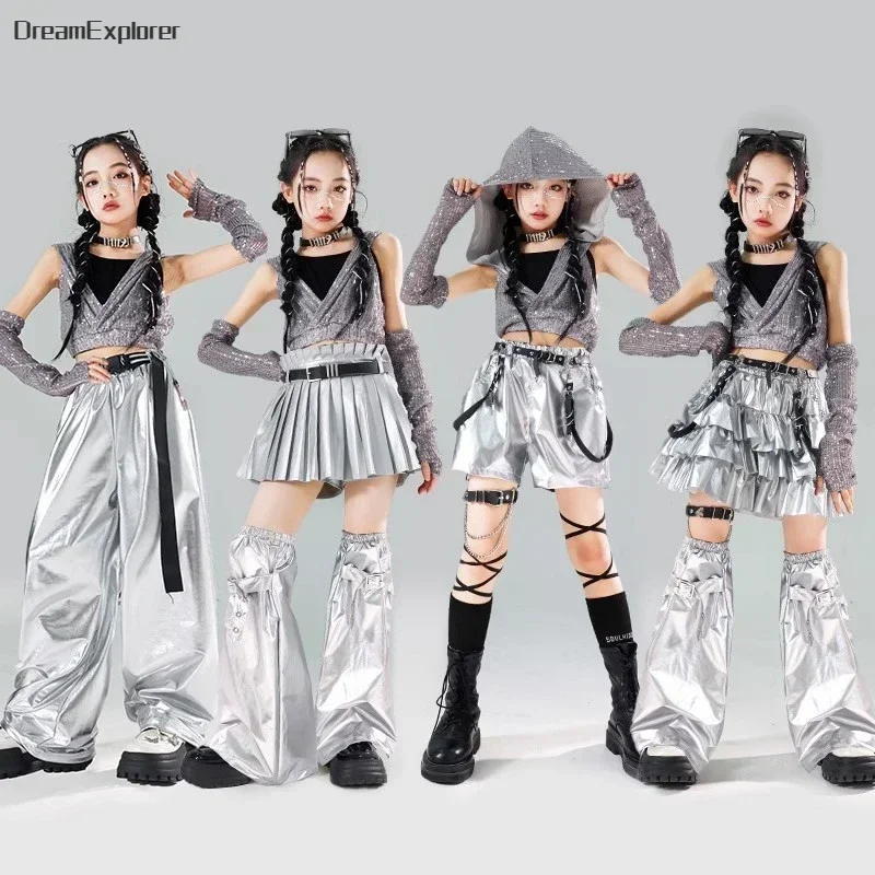 Girls K-pop Sequin Crop Hoodies Street Dance Shorts Kids Hip Hop Jazz Skirts Silver Pants Clothes Sets Child Streetwear Costumes - Image 2